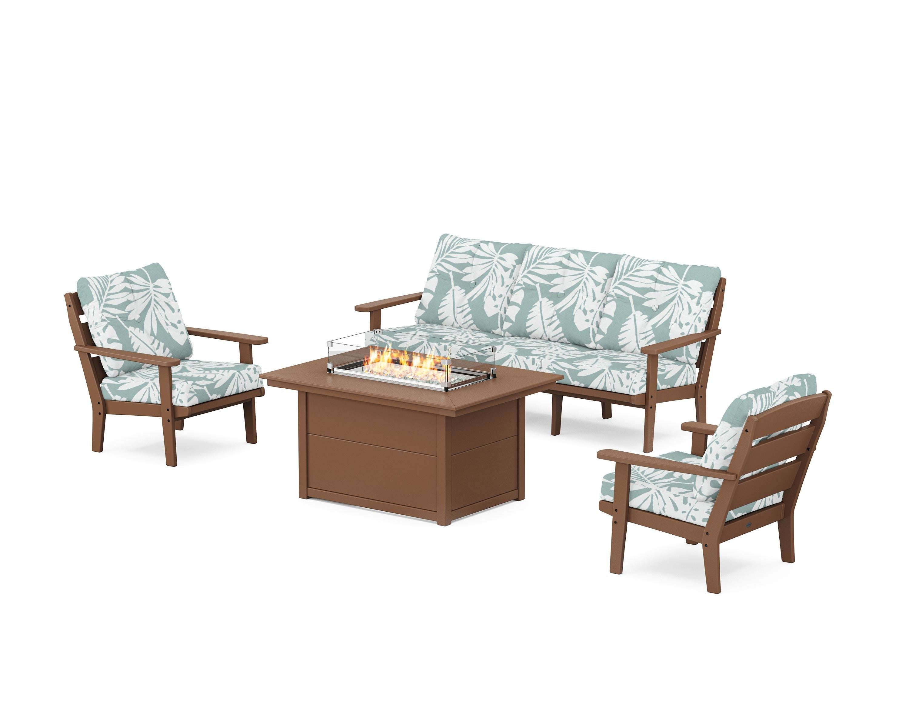 POLYWOOD® Lakeside Deep Seating Fire Pit Table Set in Teak / Leaf Glacier Spa