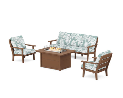 POLYWOOD® Lakeside Deep Seating Fire Pit Table Set in Teak / Leaf Glacier Spa