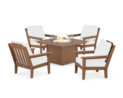 Country Living Cottage 5-Piece Deep Seating Set with Fire Pit Table in Teak / Natural