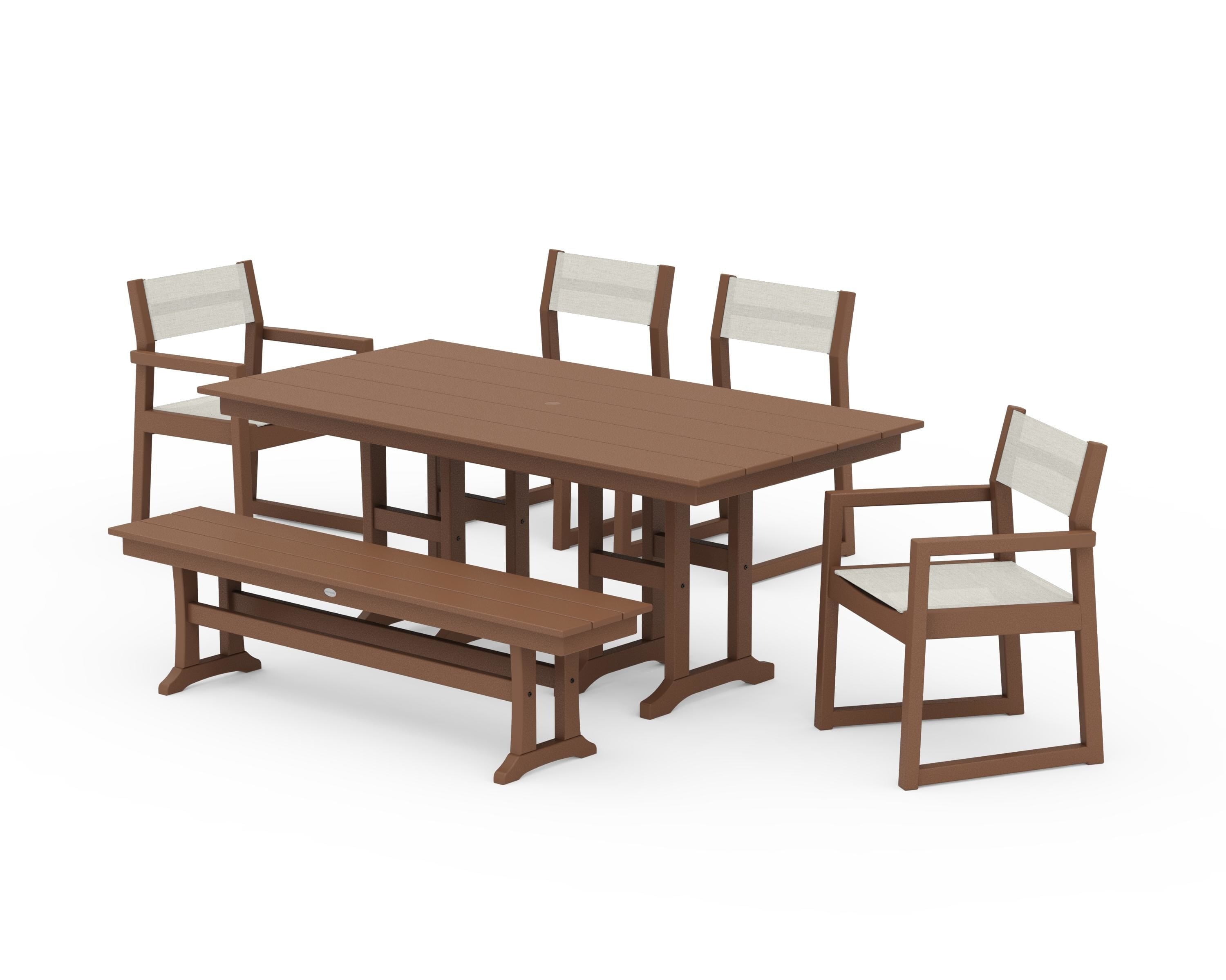 POLYWOOD® EDGE Sling 6-Piece Farmhouse Dining Set in Teak / Parchment Sling