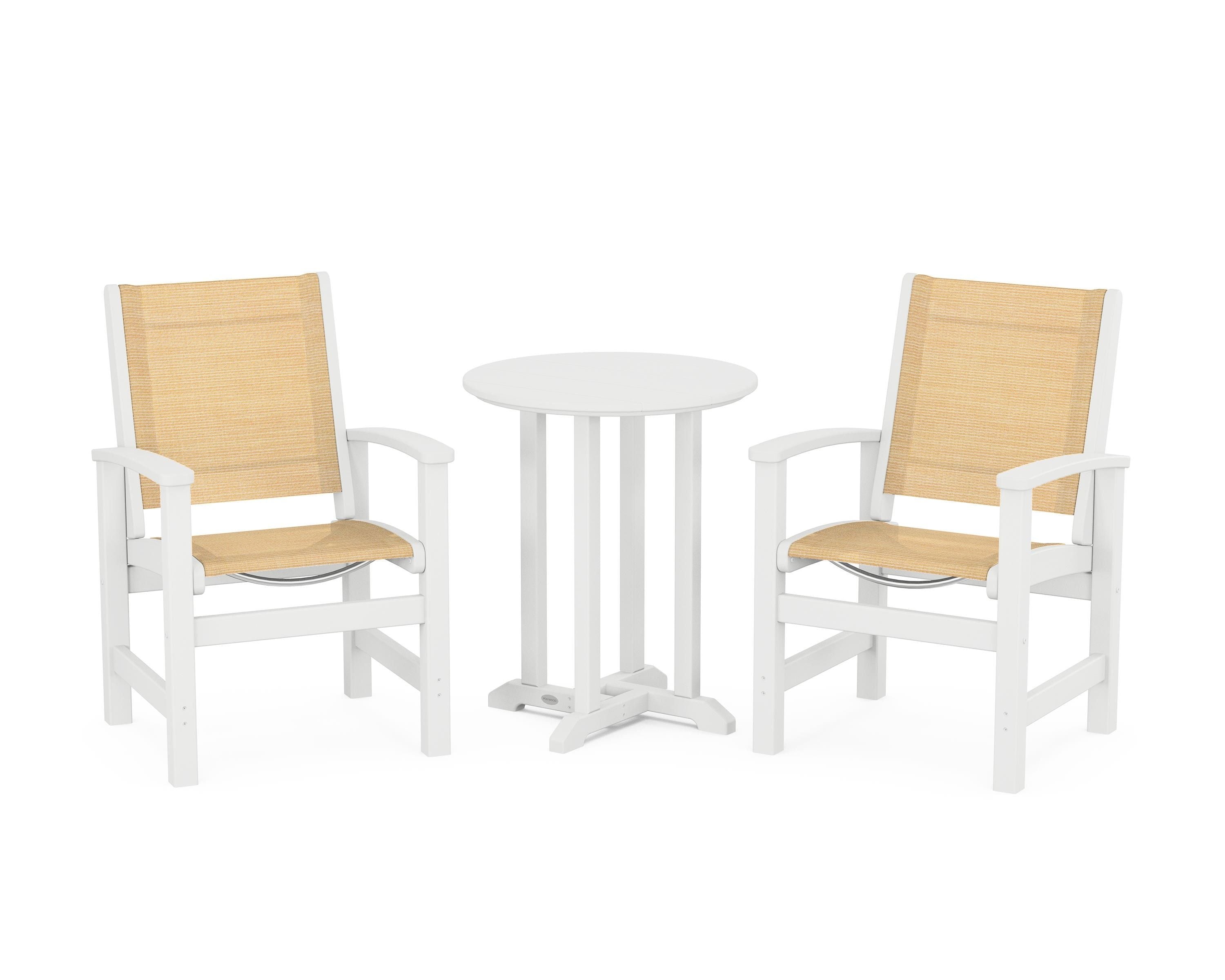 POLYWOOD® Coastal 3-Piece Round Bistro Dining Set in White / Dupioni Apricot Sling