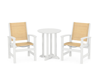 POLYWOOD® Coastal 3-Piece Round Bistro Dining Set in White / Dupioni Apricot Sling