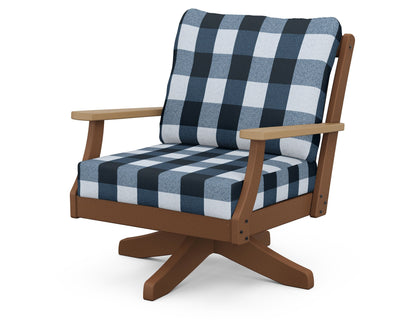 POLYWOOD® Braxton Deep Seating Swivel Chair in Teak / Natural / Buffalo Plaid Marine Indigo