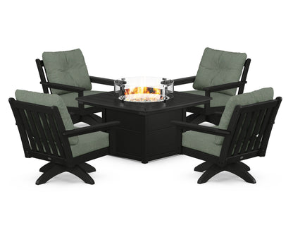 POLYWOOD® Vineyard 5-Piece Deep Seating Swivel Conversation Set with Fire Pit Table in Black / Cast Sage