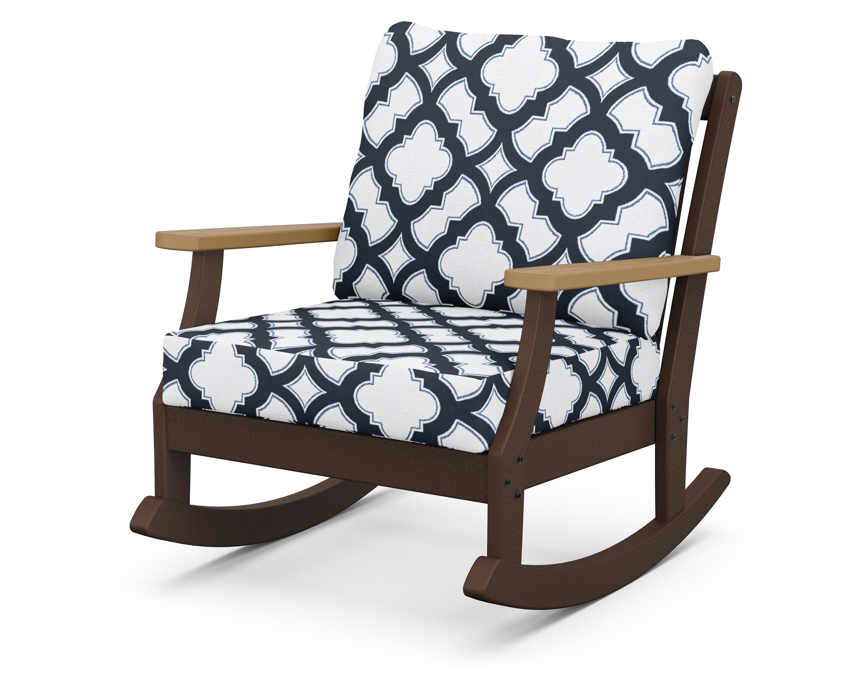 POLYWOOD® Braxton Deep Seating Rocking Chair in Mahogany / Natural / Trellis Marine Indigo