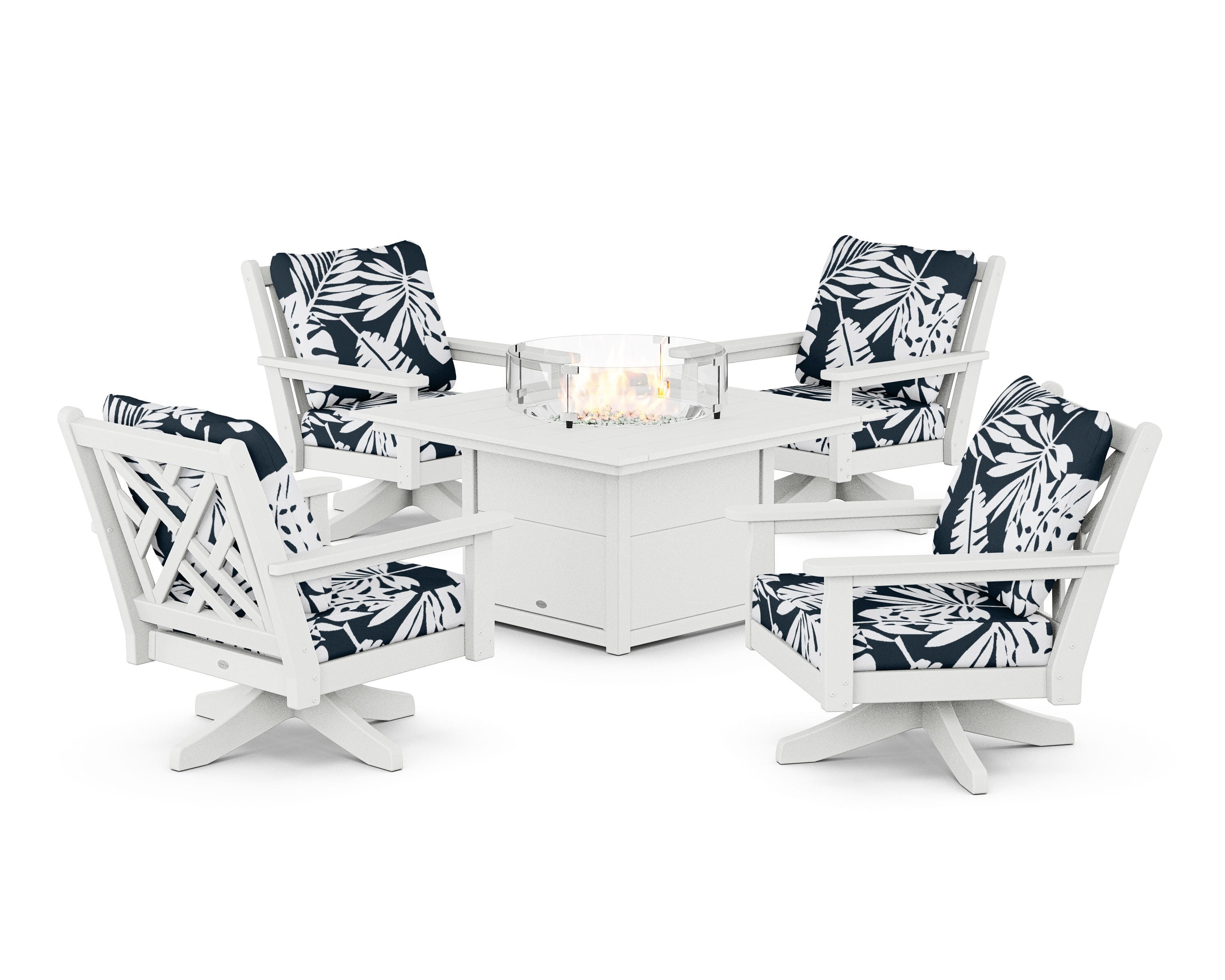 POLYWOOD® Chippendale 5-Piece Deep Seating Swivel Conversation Set with Fire Pit Table in White / Leaf Marine Indigo