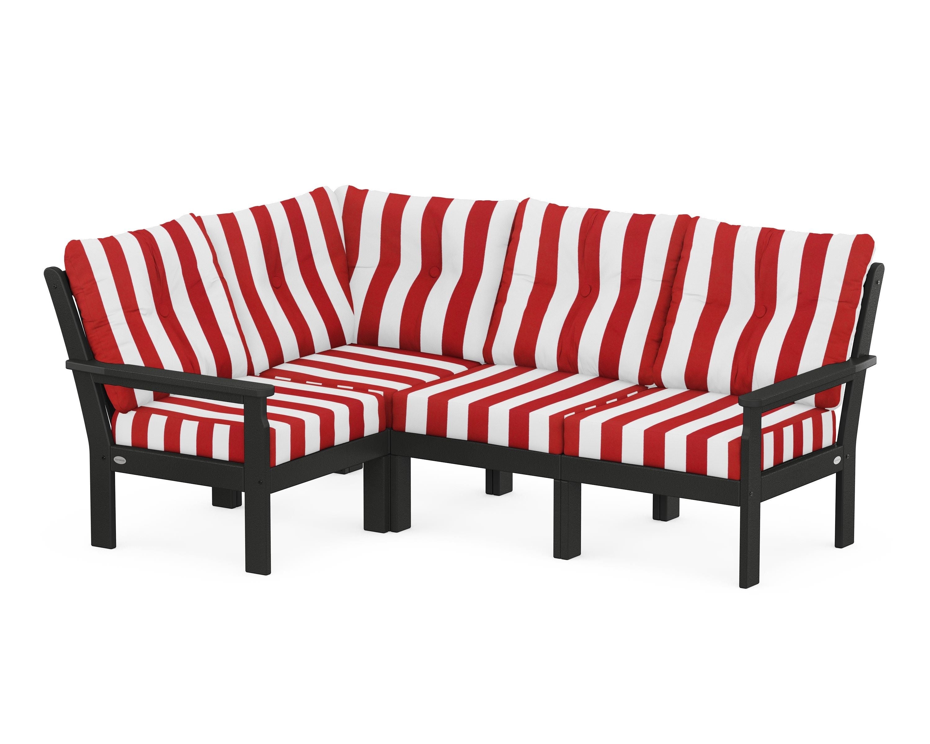 POLYWOOD® Vineyard 4-Piece Sectional in Black / Cabana Stripe Crimson