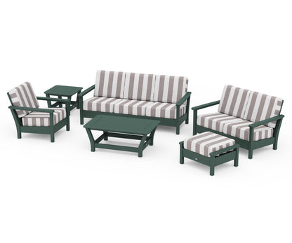 POLYWOOD® Harbour 6-Piece Outdoor Living Set in Green / Cabana Stripe Grey Mist