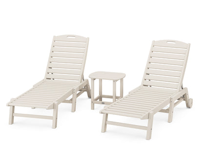 POLYWOOD® Nautical 3-Piece Chaise Lounge with Wheels Set with South Beach 18" Side Table in Sand