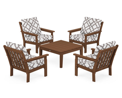 POLYWOOD® Vineyard 5-Piece Deep Seating Conversation Set in Teak / Trellis Grey Mist