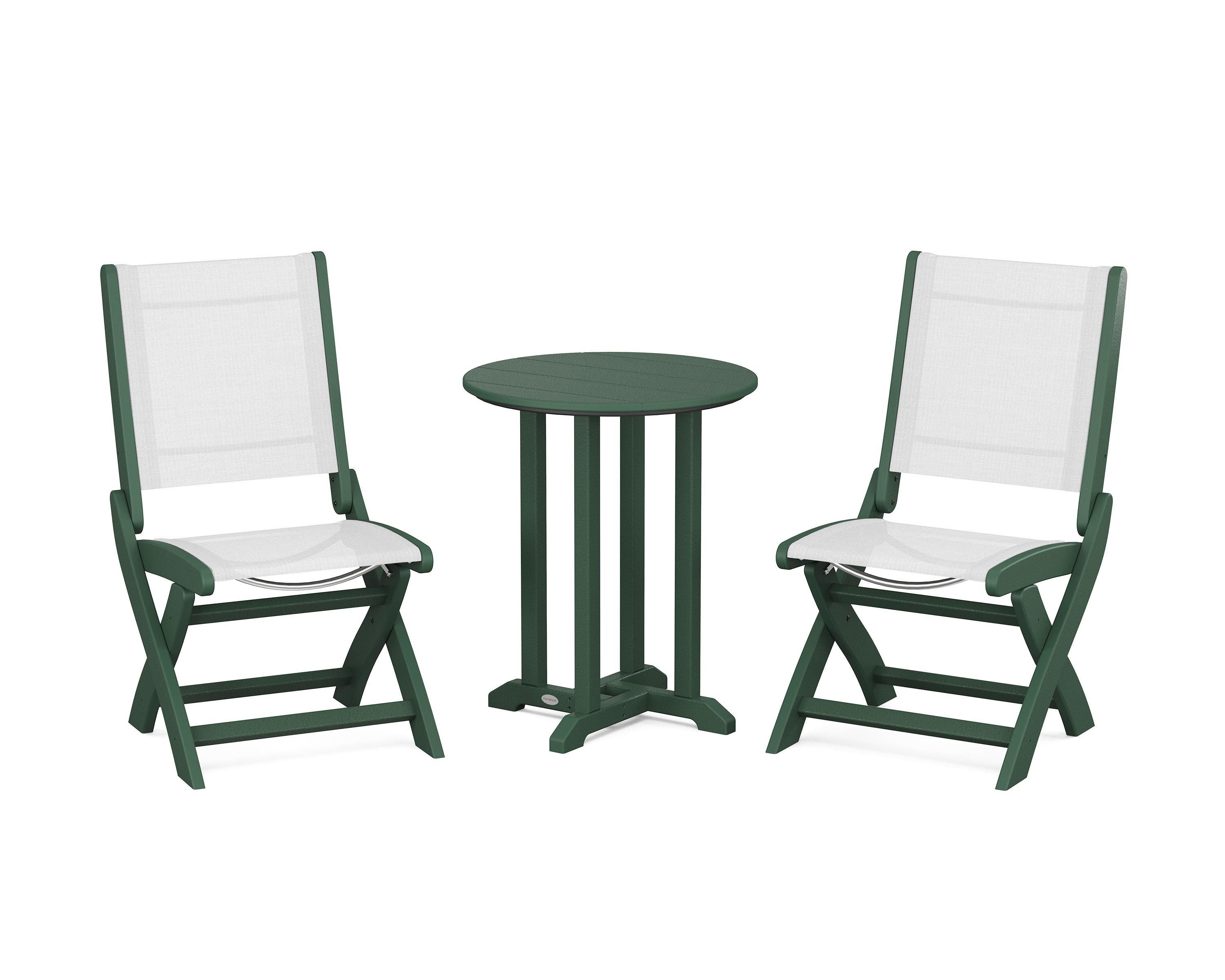 POLYWOOD® Coastal Folding Side Chair 3-Piece Round Bistro Dining Set in Green / White Sling