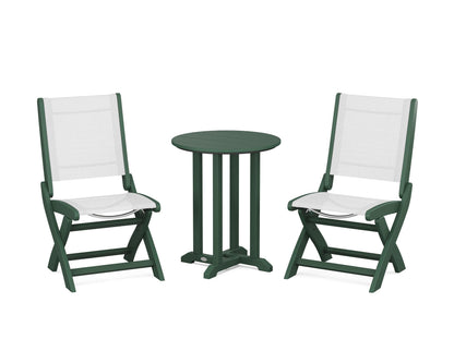 POLYWOOD® Coastal Folding Side Chair 3-Piece Round Bistro Dining Set in Green / White Sling