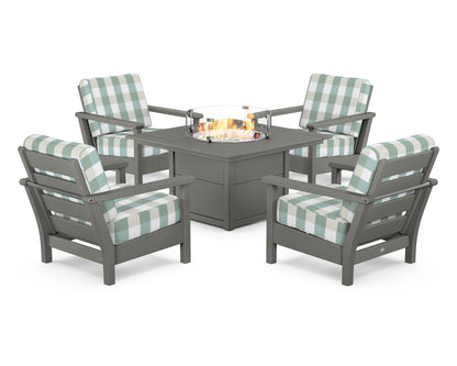 POLYWOOD® Harbour 5-Piece Conversation Set with Fire Pit Table in Slate Grey / Buffalo Plaid Glacier Spa