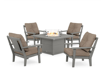 POLYWOOD® Prairie 5-Piece Deep Seating Set with Fire Pit Table in Slate Grey / Spiced Burlap