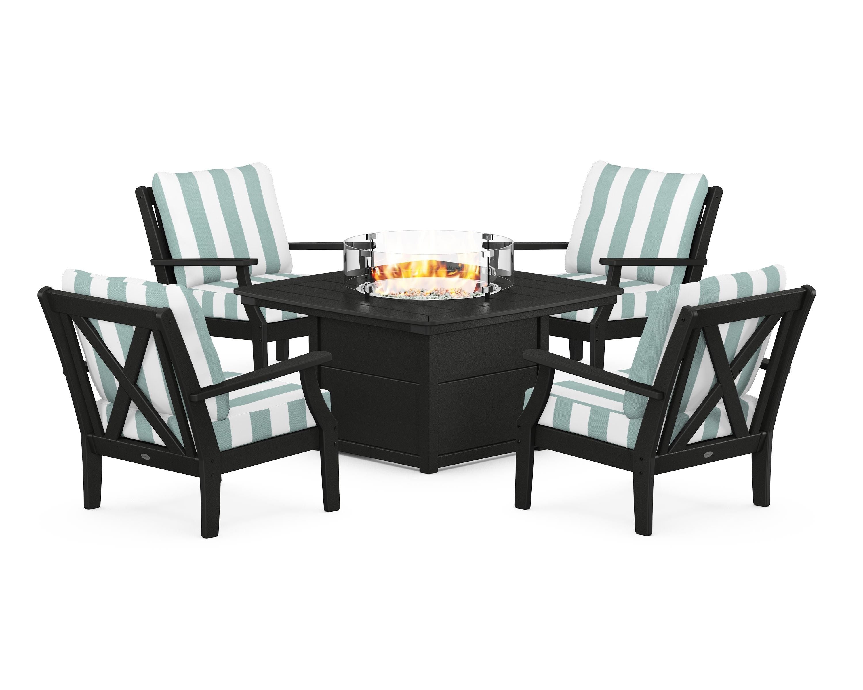 POLYWOOD® Braxton 5-Piece Deep Seating Conversation Set with Fire Pit Table in Black / Cabana Stripe Glacier Spa