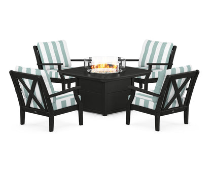 POLYWOOD® Braxton 5-Piece Deep Seating Conversation Set with Fire Pit Table in Black / Cabana Stripe Glacier Spa