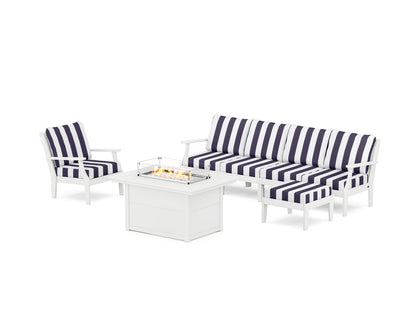 POLYWOOD® Braxton Sectional Lounge and Fire Pit Set in White / Cabana Stripe Navy