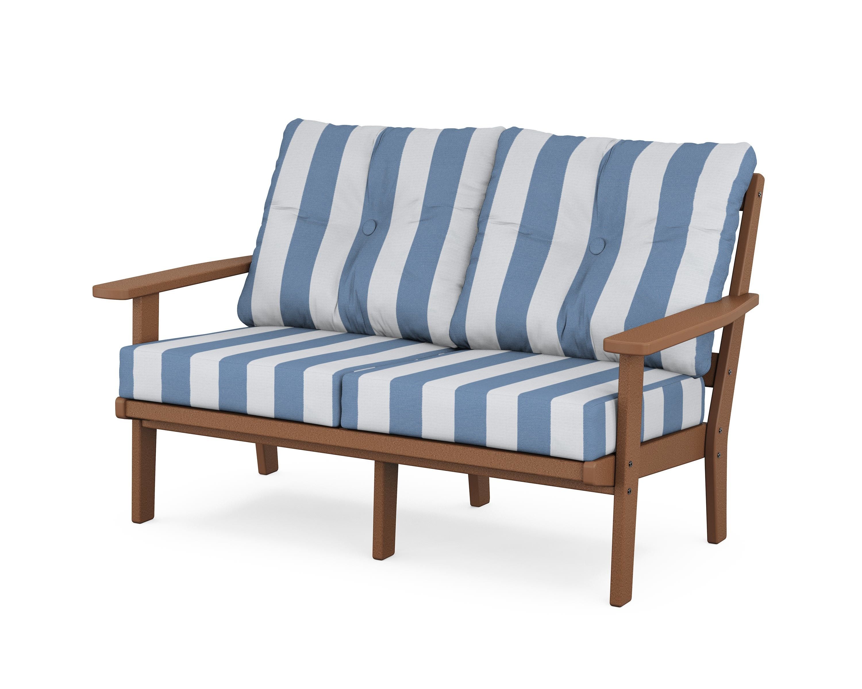 POLYWOOD® Oxford Deep Seating Loveseat in Teak / Cabana Stripe Sky Blue
