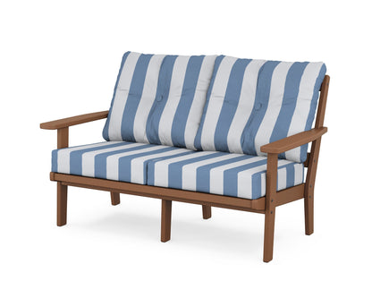 POLYWOOD® Oxford Deep Seating Loveseat in Teak / Cabana Stripe Sky Blue