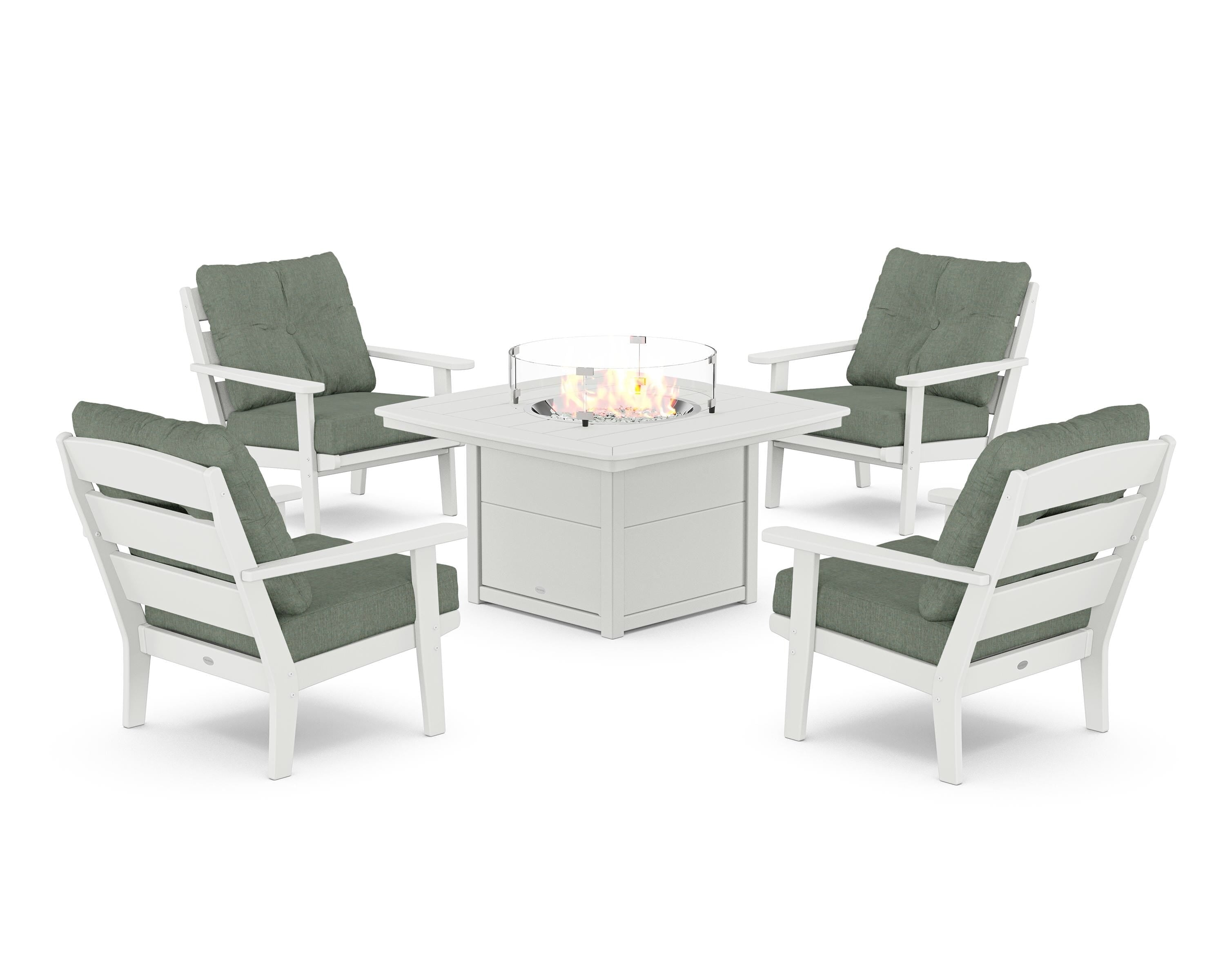 POLYWOOD® Lakeside 5-Piece Deep Seating Set with Nautical Fire Pit Table in White / Cast Sage
