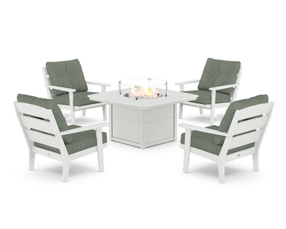 POLYWOOD® Lakeside 5-Piece Deep Seating Set with Nautical Fire Pit Table in White / Cast Sage