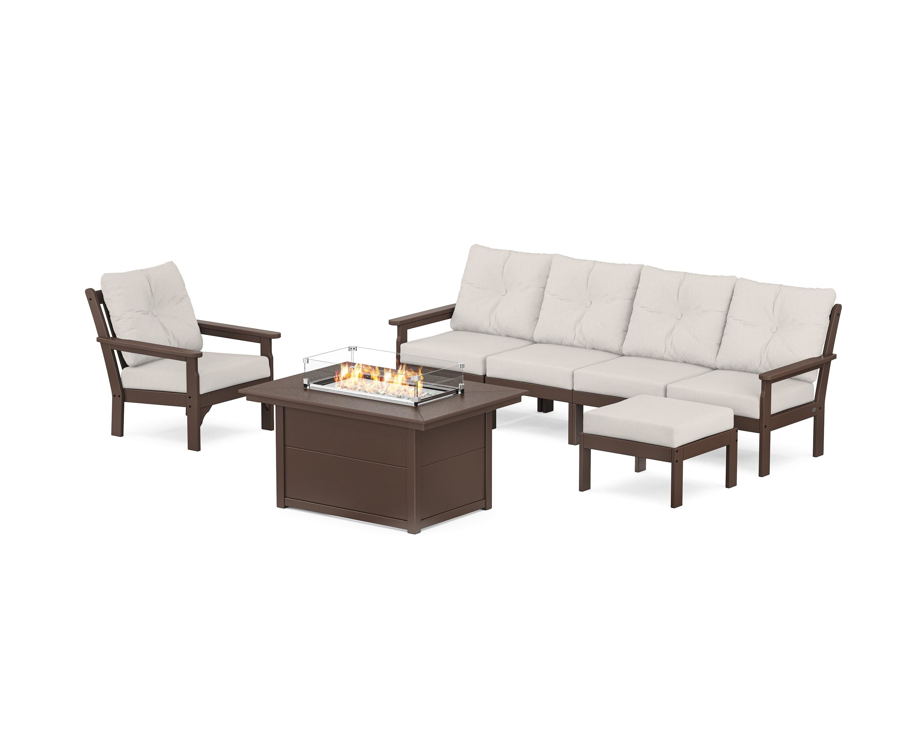 POLYWOOD® Vineyard Sectional Lounge and Fire Pit Set in Mahogany / Cast Ash
