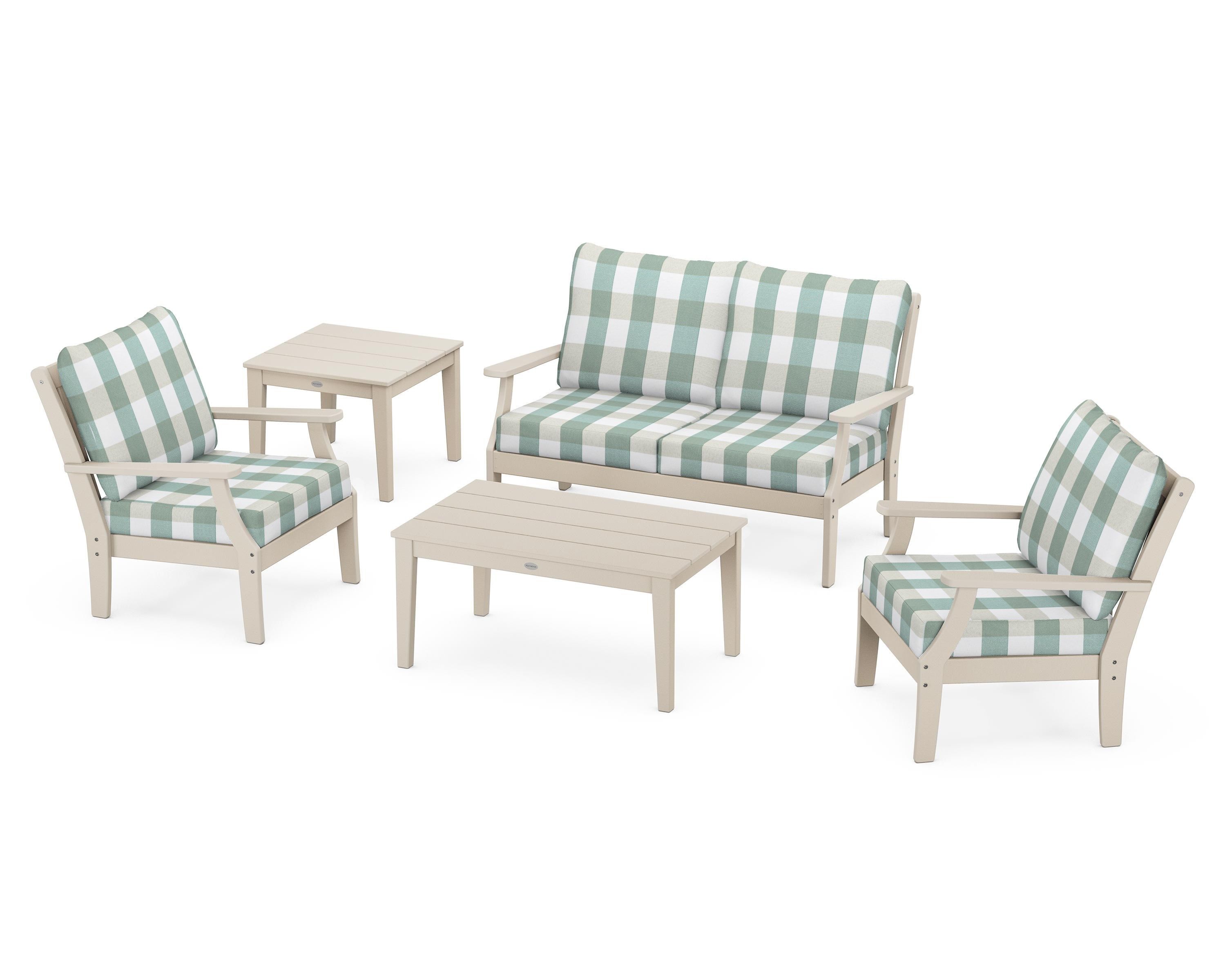POLYWOOD® Braxton 5-Piece Deep Seating Set in Sand / Buffalo Plaid Glacier Spa