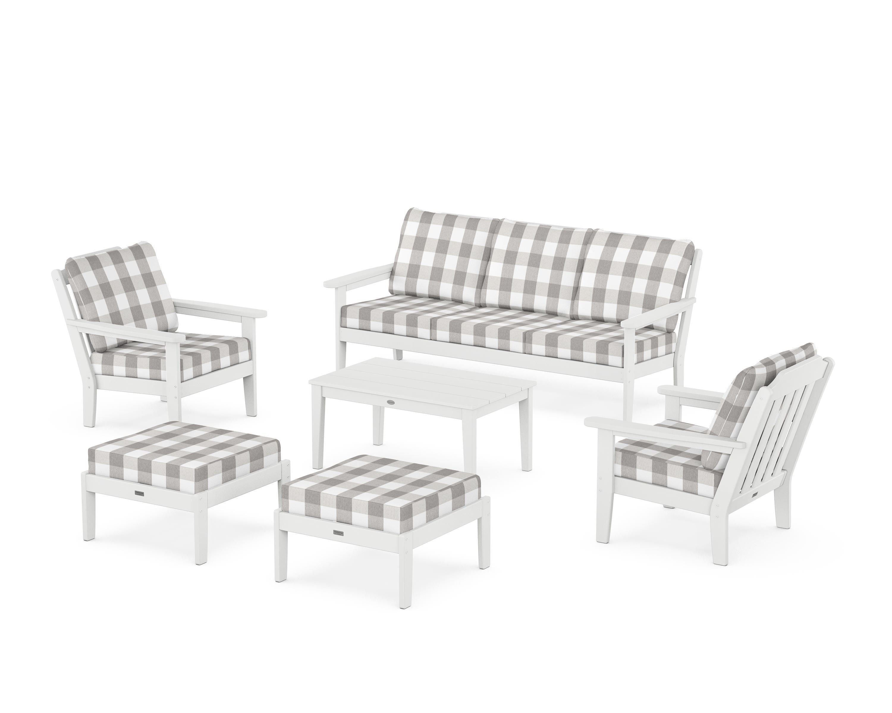 Country Living Cottage 6-Piece Lounge Sofa Set in White / Buffalo Plaid Grey Mist