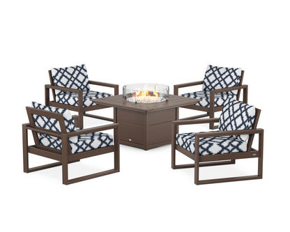 POLYWOOD® EDGE Sectional 5-Piece Deep Seating Set with Fire Pit Table in Mahogany / Trellis Marine Indigo