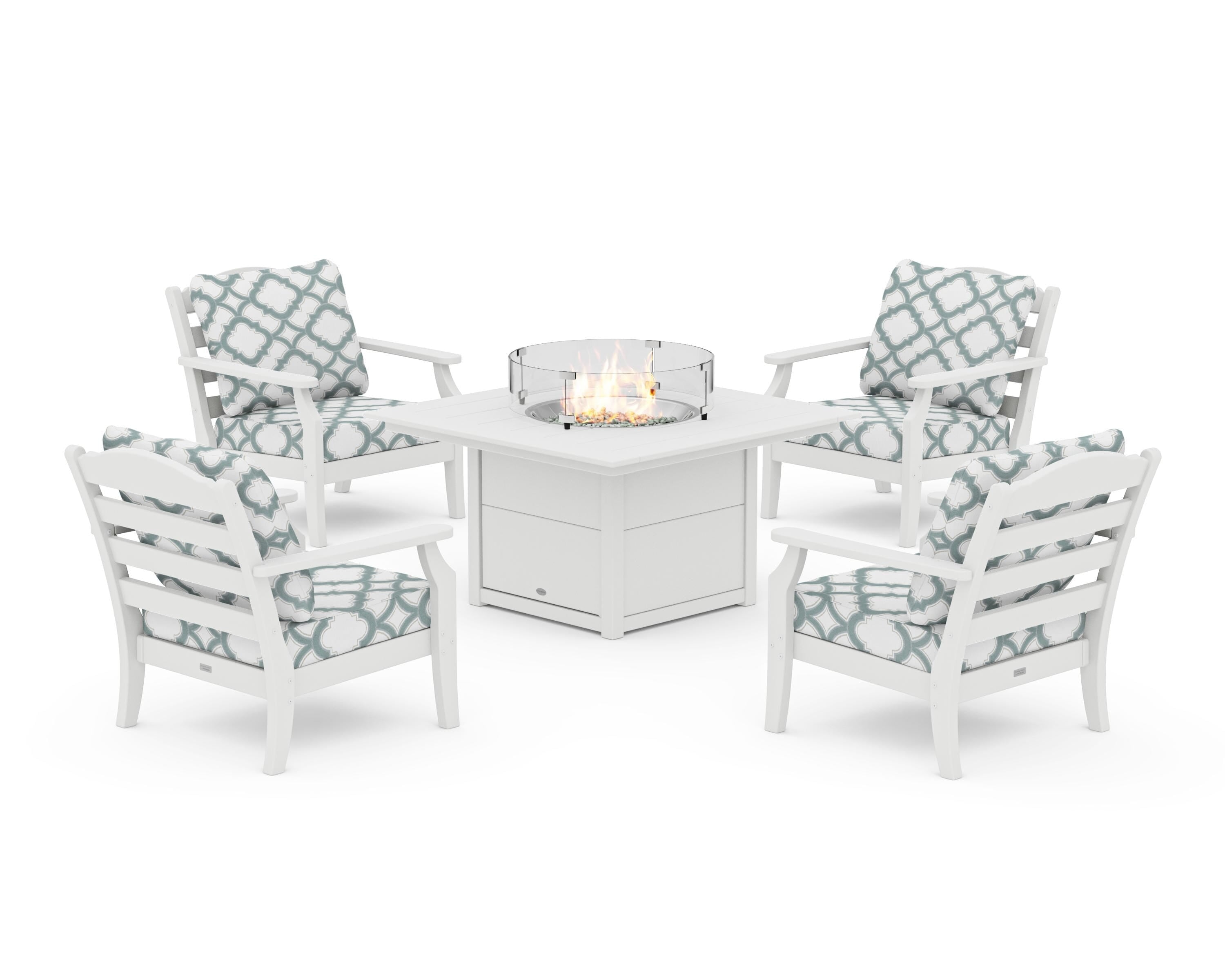 Draper James™ by  POLYWOOD® Savannah 5-Piece Deep Seating Set with Fire Pit Table in White / Trellis Glacier Spa