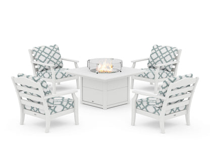Draper James™ by  POLYWOOD® Savannah 5-Piece Deep Seating Set with Fire Pit Table in White / Trellis Glacier Spa