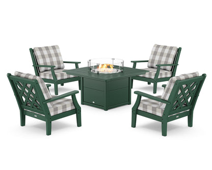 Country Living Wovendale 5-Piece Deep Seating Set with Fire Pit Table in Green / Buffalo Plaid Grey Mist