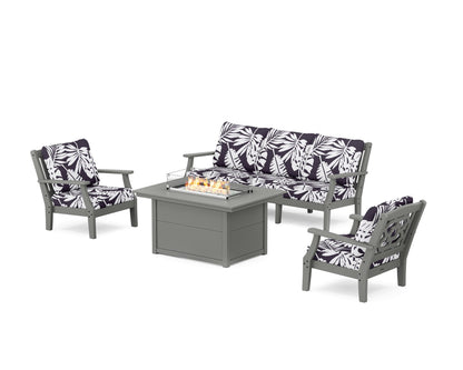 Martha Stewart by POLYWOOD® Chinoiserie Deep Seating Fire Pit Table Set in Slate Grey / Leaf Navy