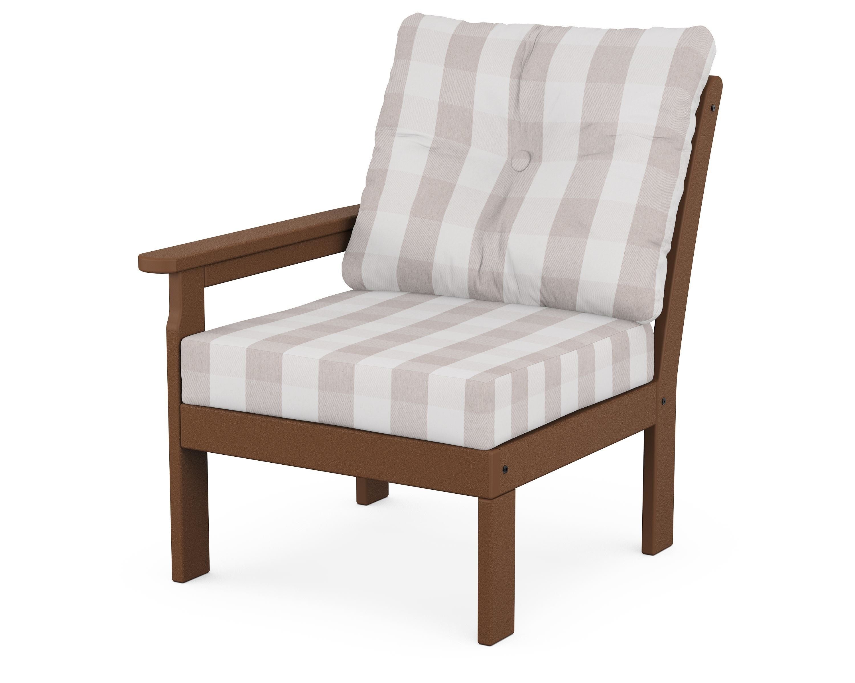POLYWOOD® Vineyard Modular Left Arm Chair in Teak / Buffalo Plaid Dune Burlap