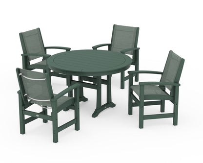 POLYWOOD® Coastal 5-Piece Round Dining Set with Trestle Legs in Green / Dupioni Sea Mist Sling