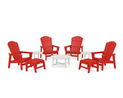 POLYWOOD® Nautical Grand Upright Adirondack 9-Piece Conversation Set in Sunset Red / White