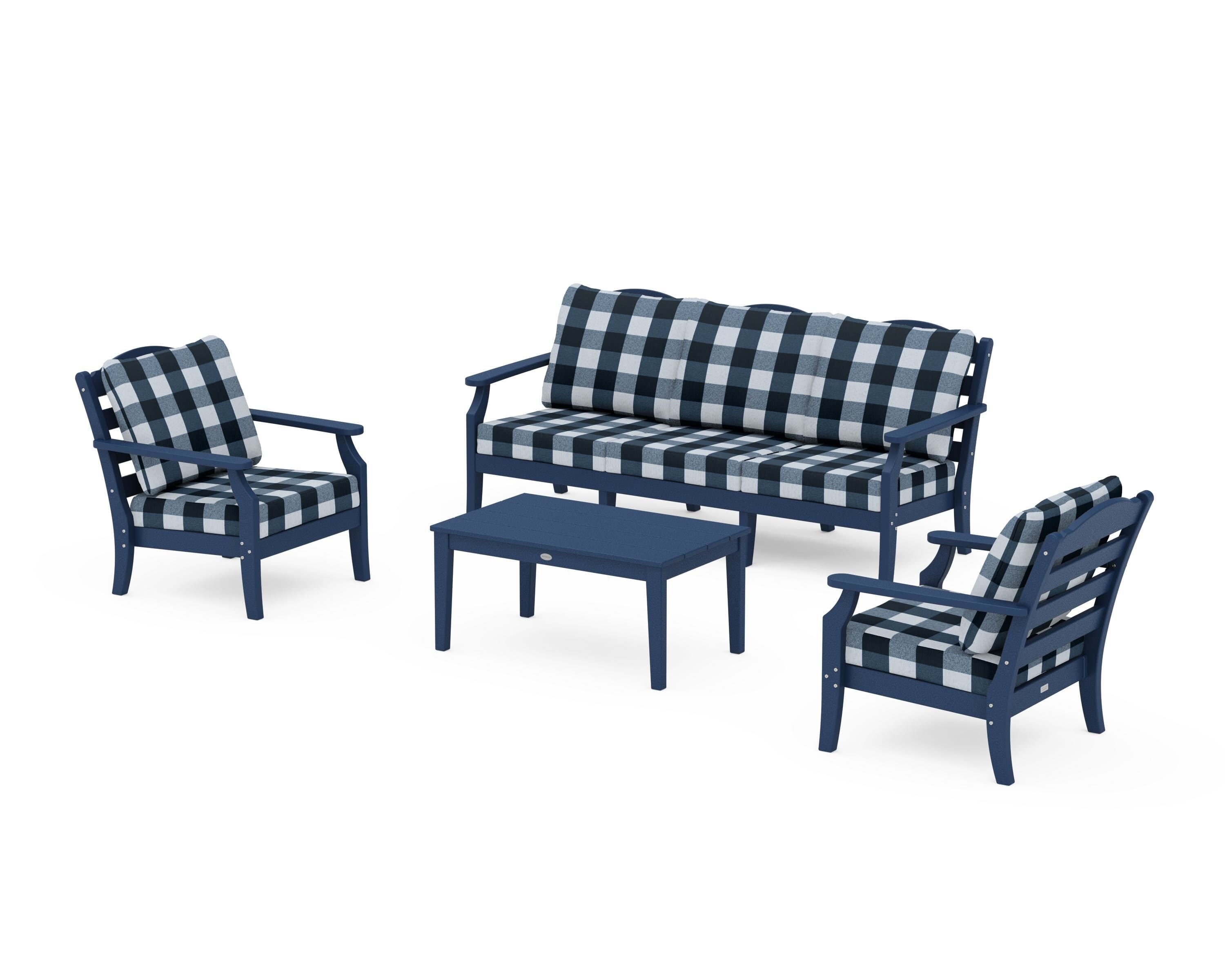 Draper James™ by  POLYWOOD® Savannah 4-Piece Deep Seating Set with Sofa in Navy / Buffalo Plaid Marine Indigo