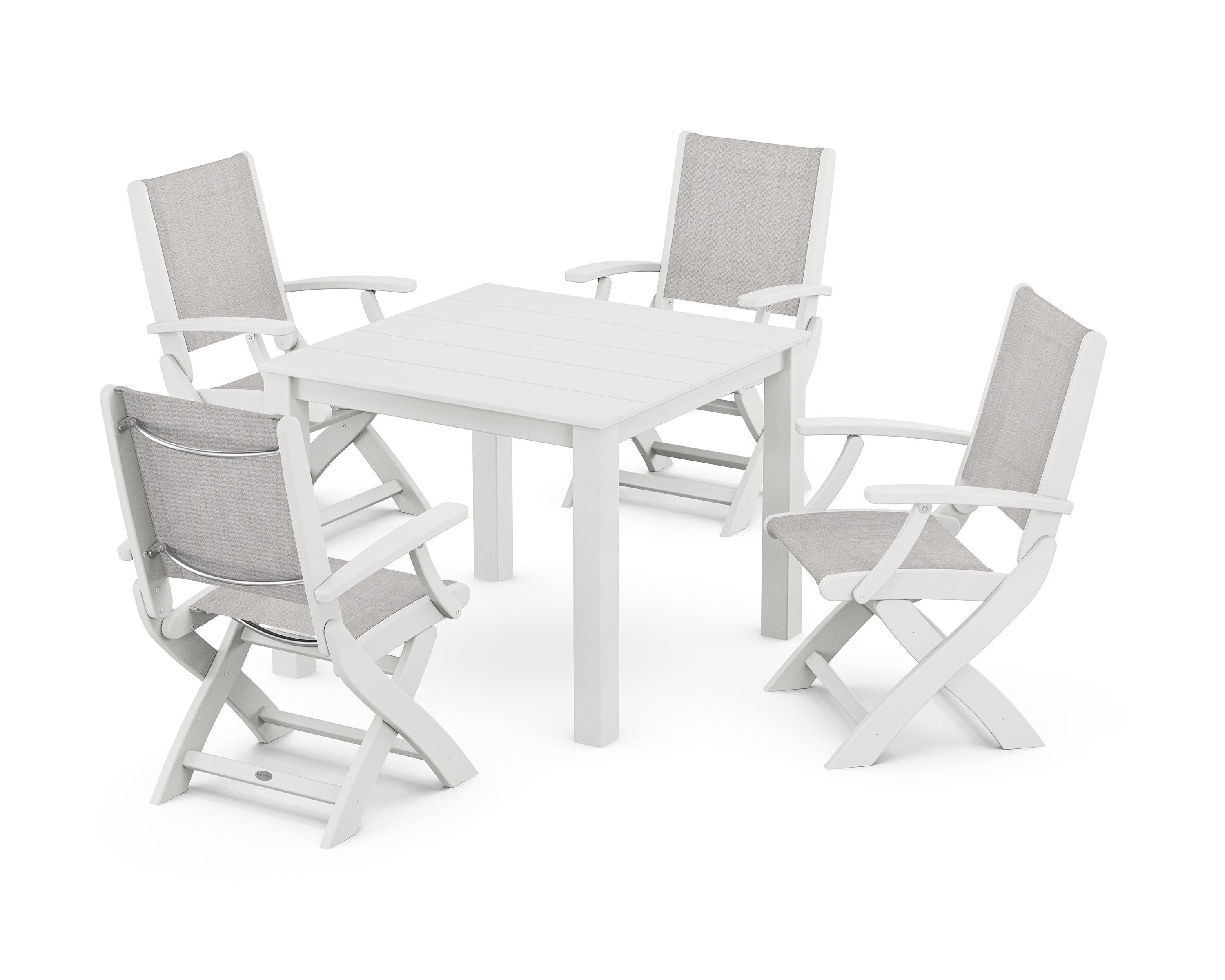 POLYWOOD® Coastal Folding Chair 5-Piece Parsons Dining Set in White / Parchment Sling
