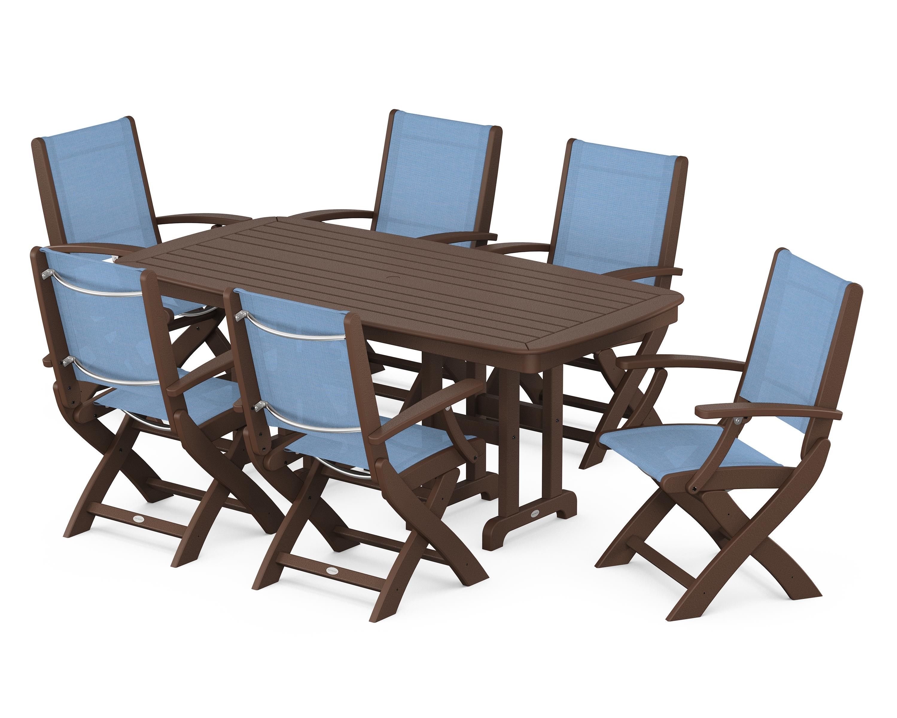 POLYWOOD® Coastal Folding Arm Chair 7-Piece Dining Set in Mahogany / Poolside Sling