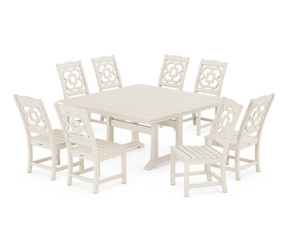 Martha Stewart by POLYWOOD® Chinoiserie 9-Piece Square Farmhouse Side Chair Dining Set with Trestle Legs in Sand