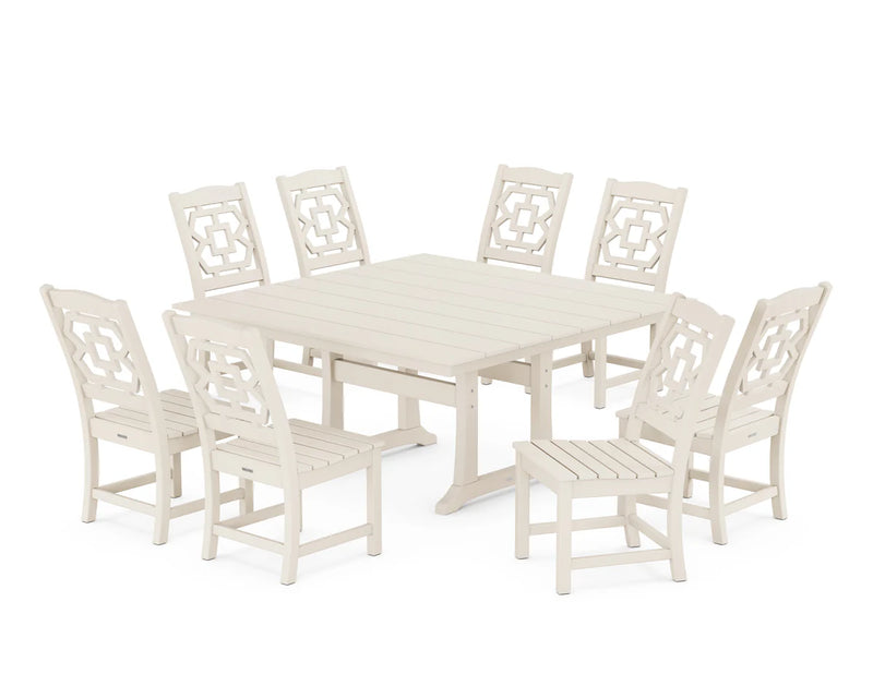 Chinoiserie 9-Piece Square Farmhouse Side Chair Dining Set with Trestle Legs