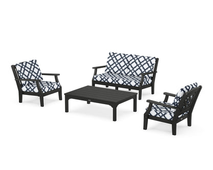 Martha Stewart by POLYWOOD® Chinoiserie 4-Piece Deep Seating Set with Loveseat in Black / Trellis Marine Indigo