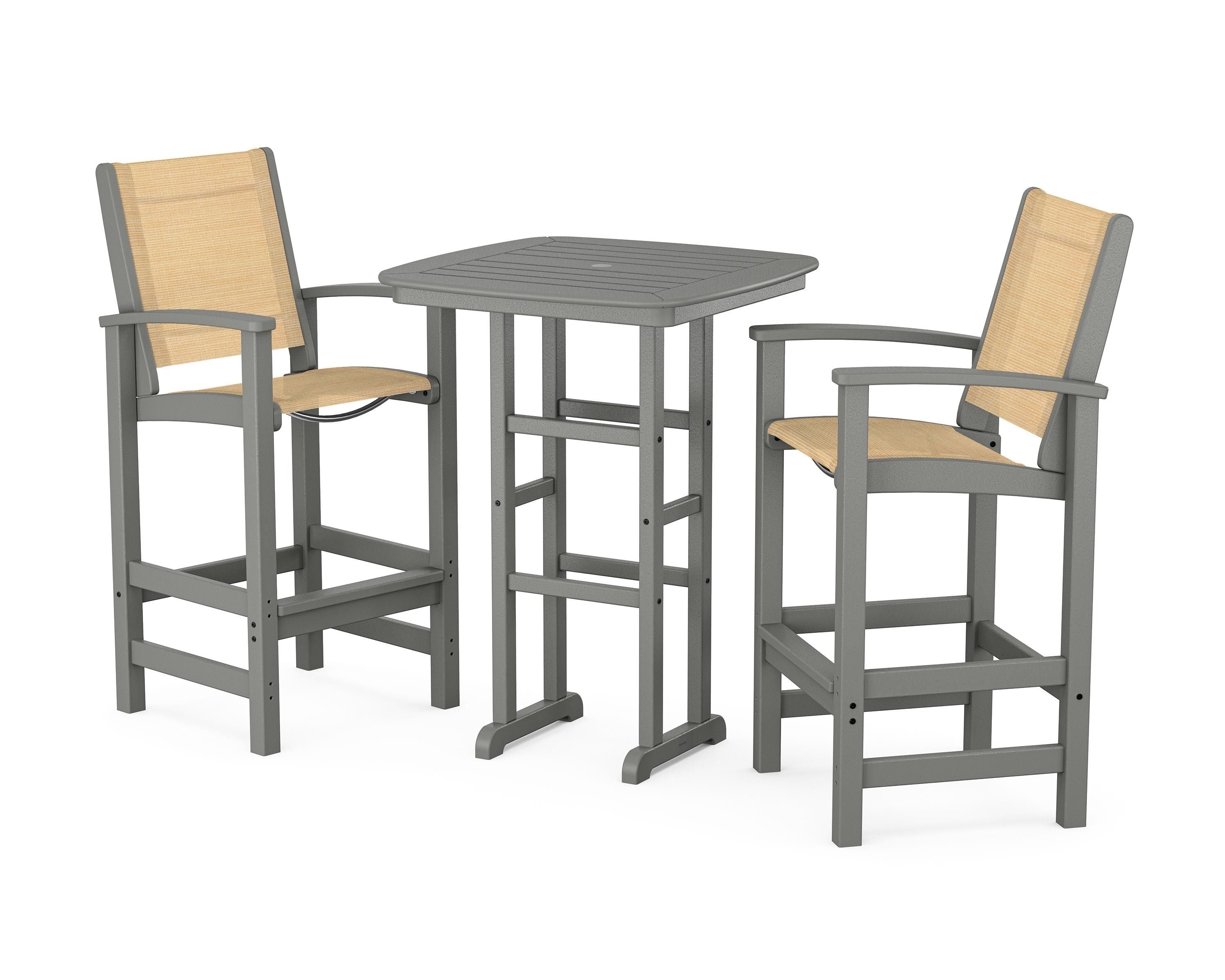 POLYWOOD® Coastal 3-Piece Bar Set in Slate Grey / Dupioni Apricot Sling