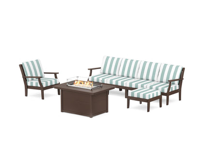 POLYWOOD® Braxton Sectional Lounge and Fire Pit Set in Mahogany / Cabana Stripe Glacier Spa