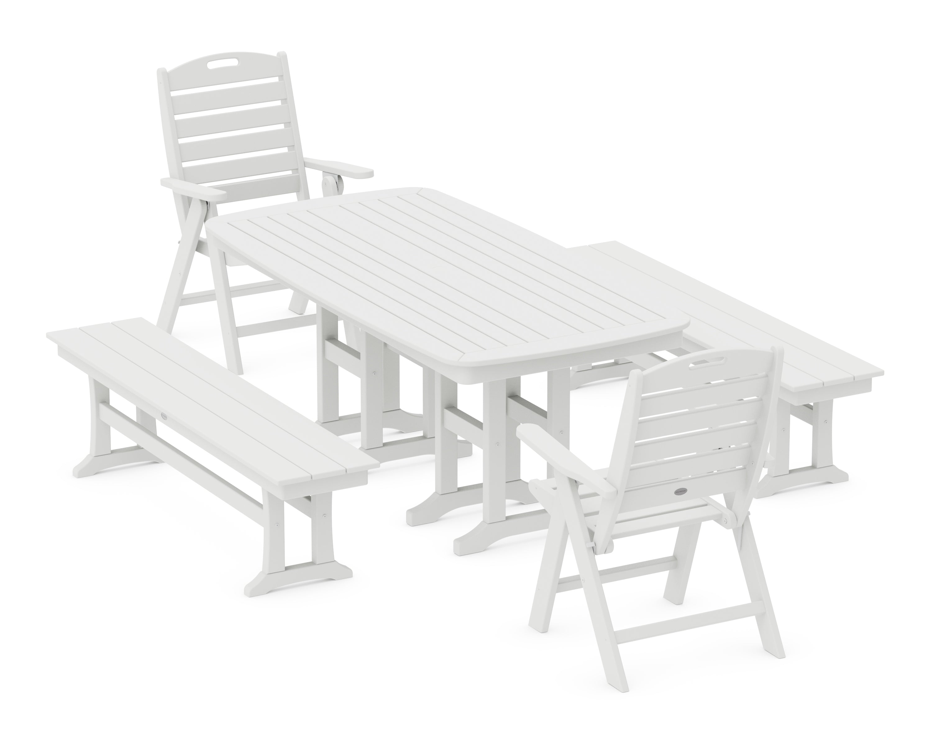 POLYWOOD® Nautical Highback 5-Piece Dining Set with Benches in White