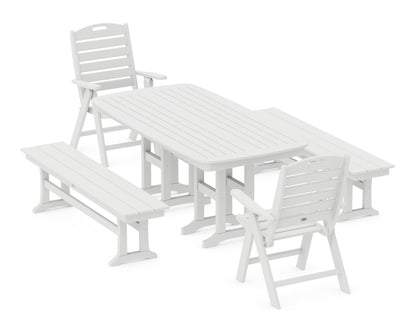 POLYWOOD® Nautical Highback 5-Piece Dining Set with Benches in White