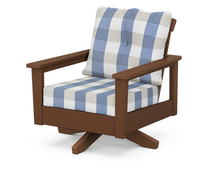 POLYWOOD® Prescott Deep Seating Swivel Chair in Teak / Buffalo Plaid Sky Blue