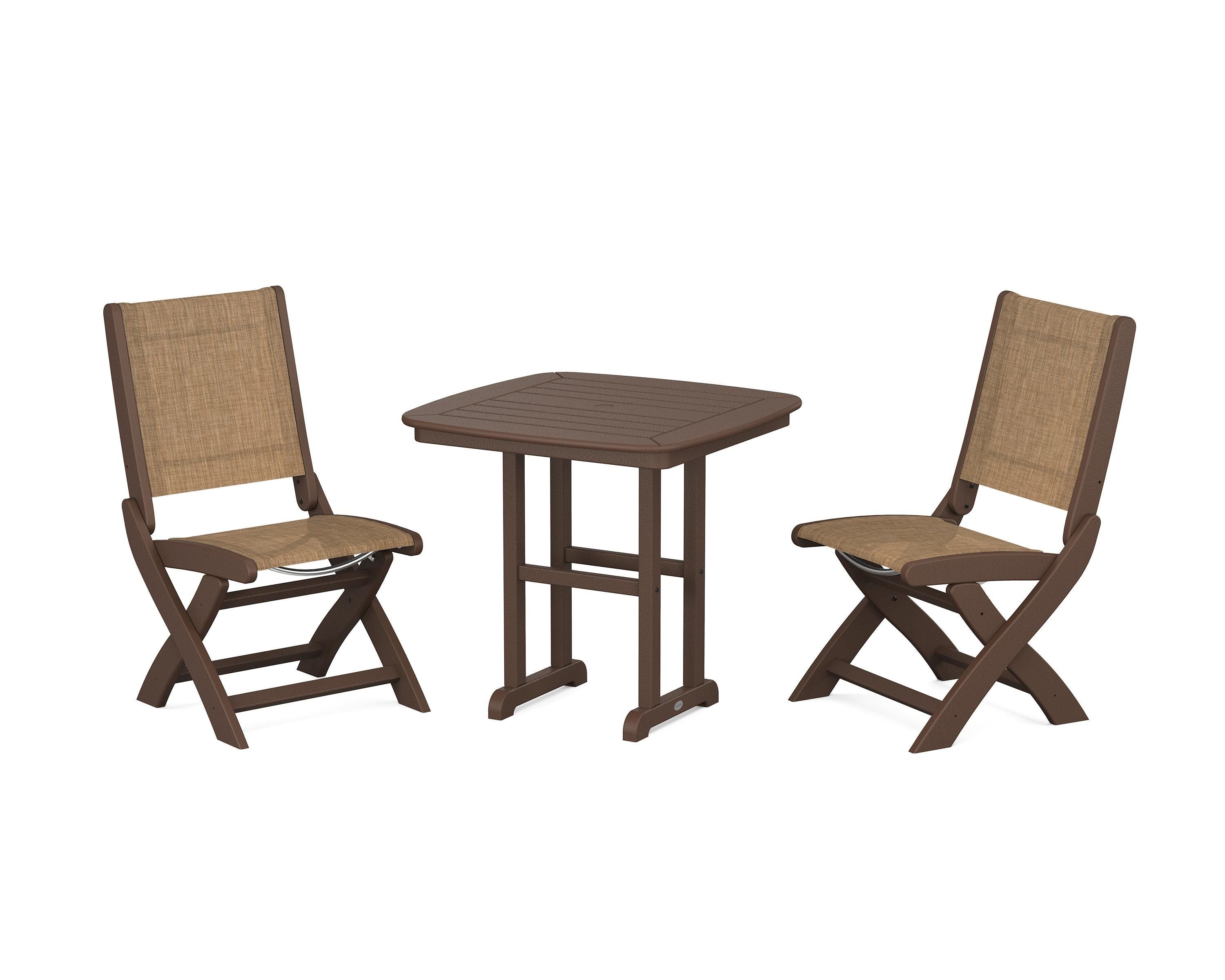 POLYWOOD® Coastal Folding Side Chair 3-Piece Dining Set in Mahogany / Burlap Sling
