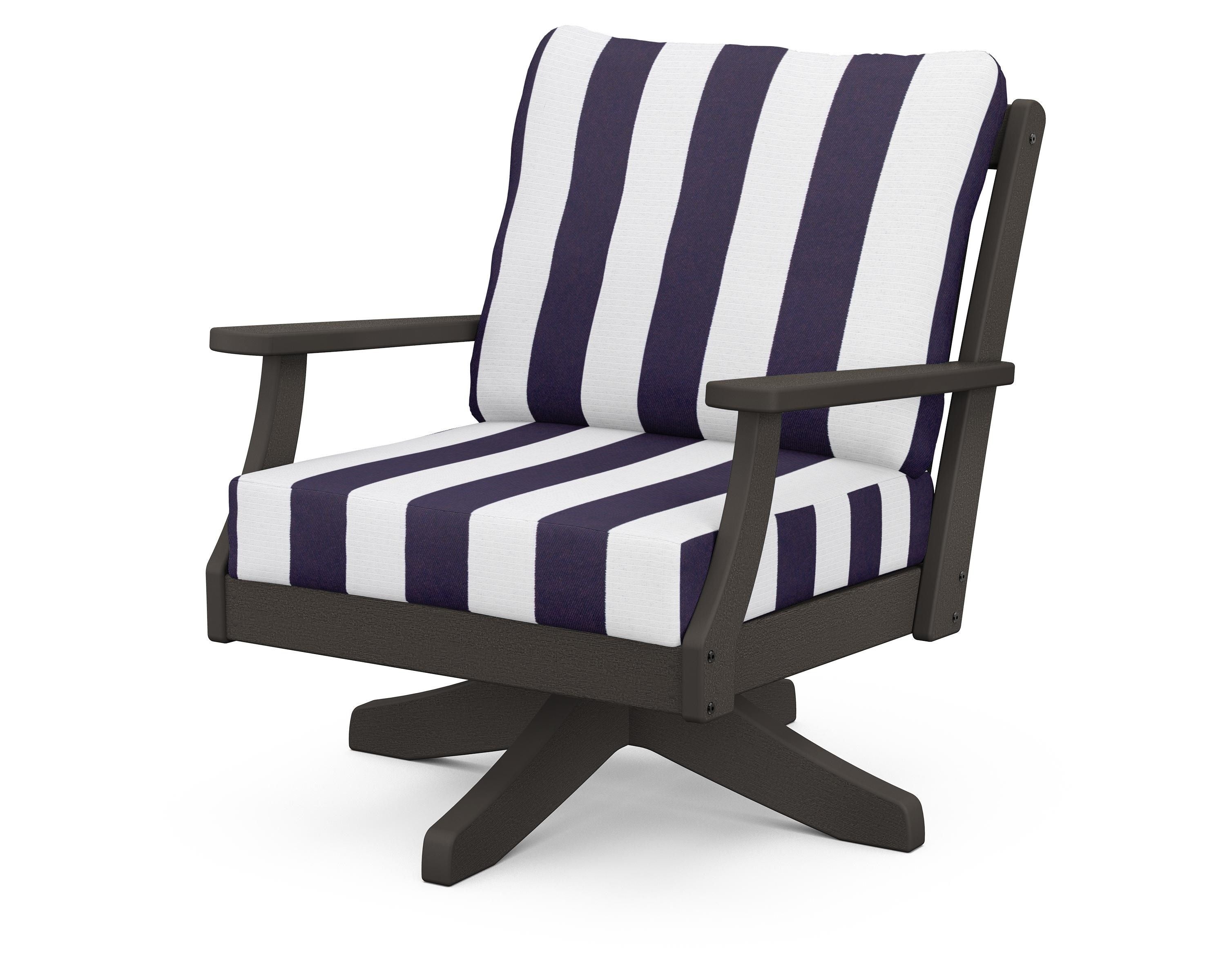 POLYWOOD® Braxton Deep Seating Swivel Chair in Vintage Coffee / Cabana Stripe Navy