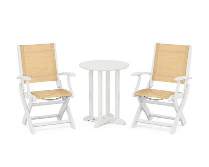 POLYWOOD® Coastal Folding 3-Piece Round Bistro Dining Set in White / Dupioni Apricot Sling